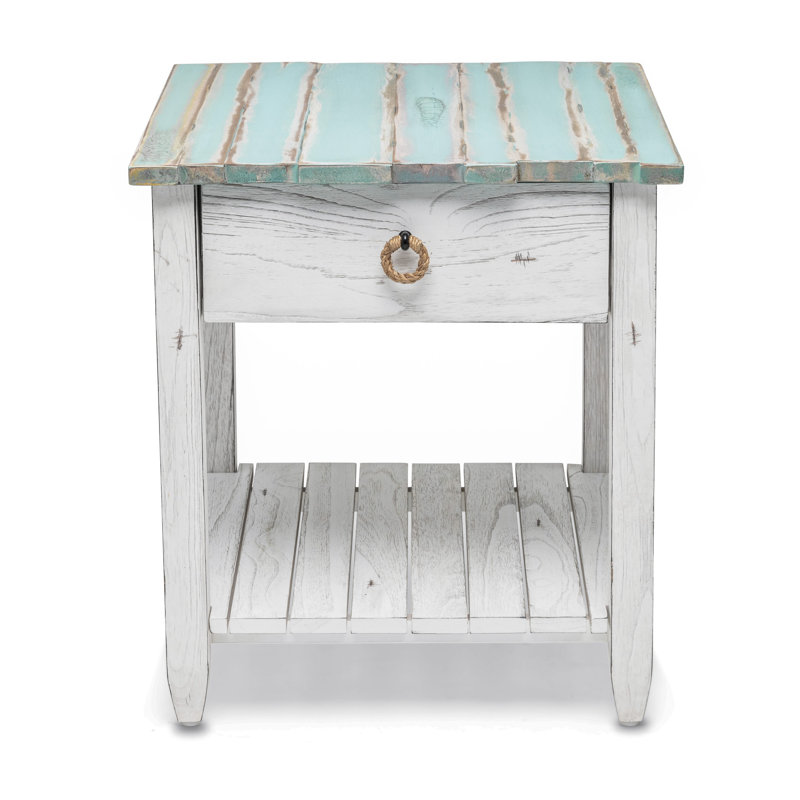 Decastro Coastal Solid Wood White Washed End Table with Storage, Blue/White