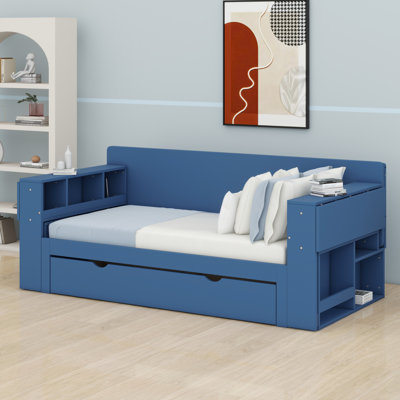 Lit de jour avec bureau amovible, tiroirs de rangement et table d'appoint hydraulique