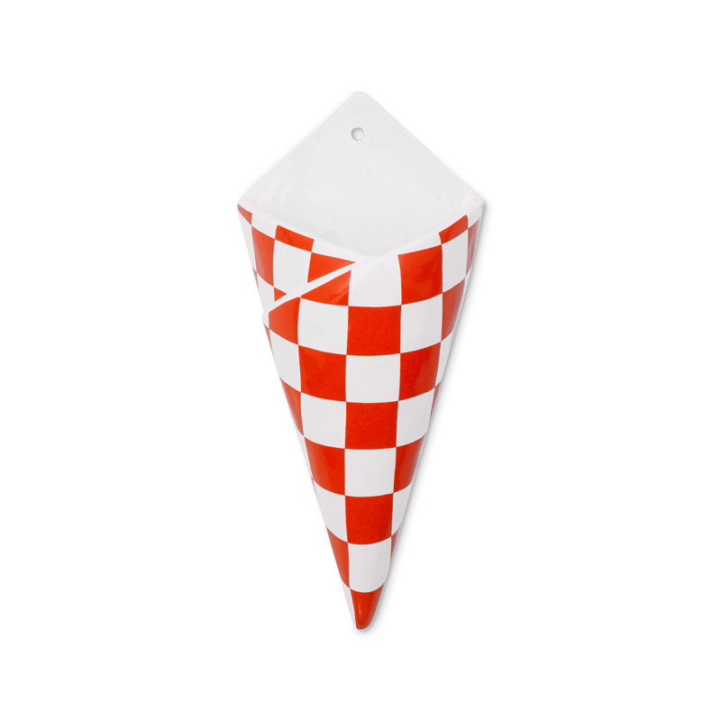 Red and White Checkered Ceramic Wall Vase