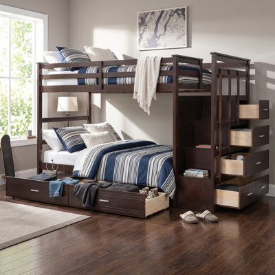 Twin Over Twin Bunk Bed with Staircase and 2 Drawers, Space Saving Kids Storage Bunk Bed, Espresso
