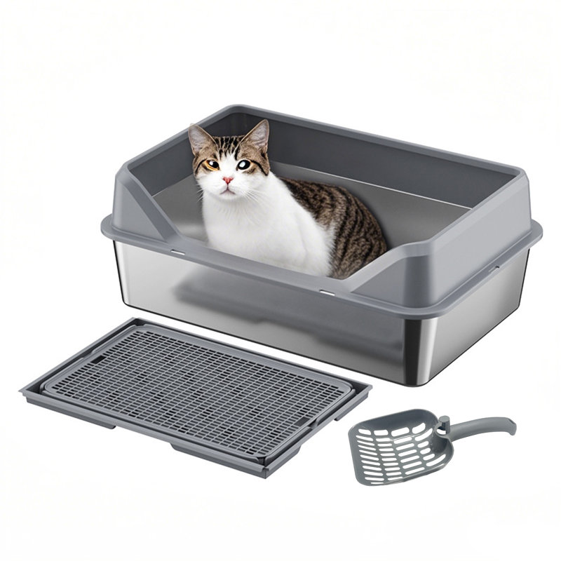 Bac à litière pour chat, bac à litière avec côtés hauts, litière à double couche et pelle, grand bac à litière