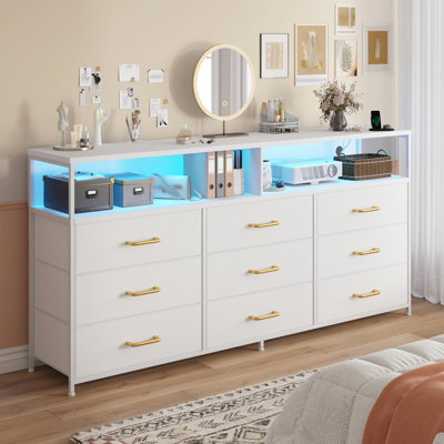 55” W Fabric Drawers Dresser With 2-tier Open Shelf, Bedroom Dresser With Power Outlet & Led Light