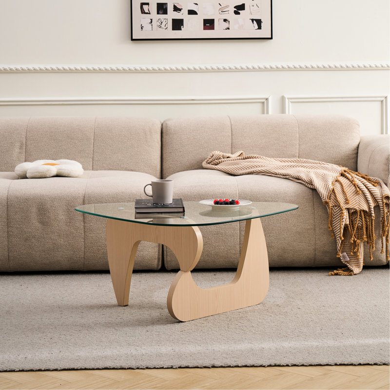 Petite table basse en verre avec finition brun noyer, profondeur de 34,91 po, parfaite pour les pièces compactes Base en bois massif et verre transparent, esthétique Mid-Century, superbe présentation
