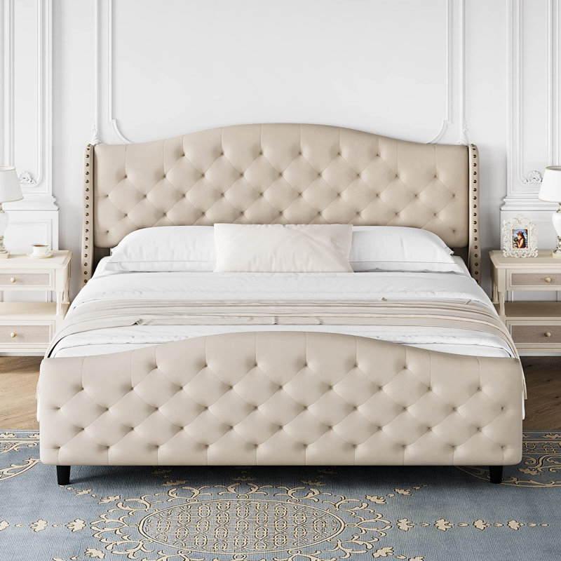 Velvet Platform Bed Frame W/Headboard And Footboard Upholstered Bed Frames, Beige, King