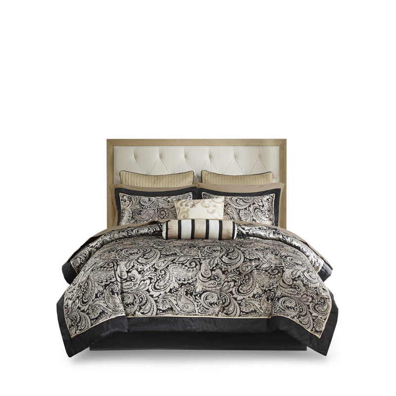 Ensemble d'édredon en polyester jacquard 3 pièces, Édredon double / grand + 11 pièces supplémentai, Noir