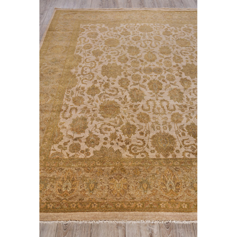 Ivory and Brown Hand-Knotted Wool Floral Area Rug