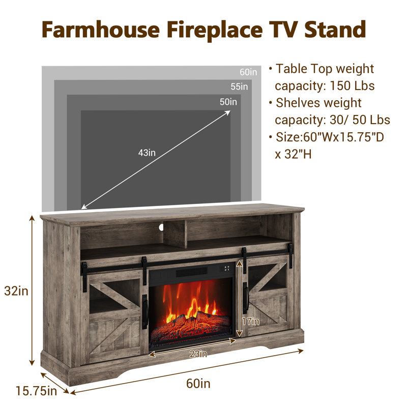 Meuble télé Farmhouse avec foyer électrique 23 po et télécommande, Gris