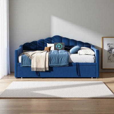 Lit de jour tapissier simple avec lit gigogne escamotable à hauteur réglable et port de charge USB et Type-C, structure de lit de jour avec 2 poches latérales