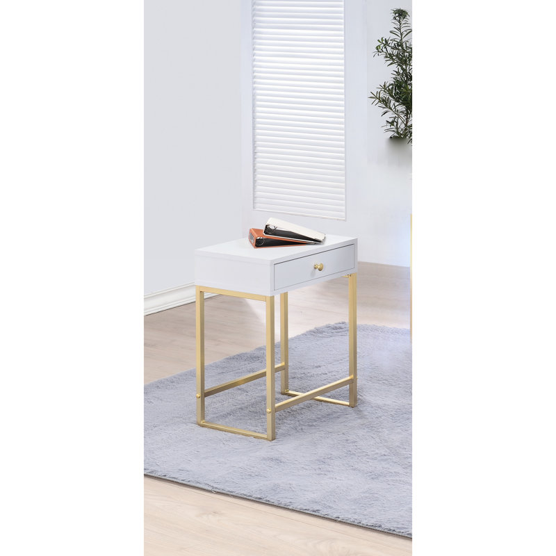 Sleek White Veneer & Brass Metal - 20Lbs Drawer Load, Contemporary Look Rectangular Nightstand 23In Package Depth, Functional