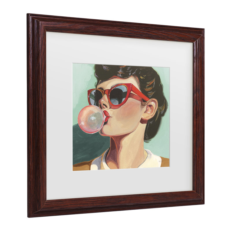 Art mural encadré - décoration murale en bouleau «Retro Bubblegum Girl Teal» par Kate Jarvik - art de salon, de cuisine et de salle de bain - 16 x 16