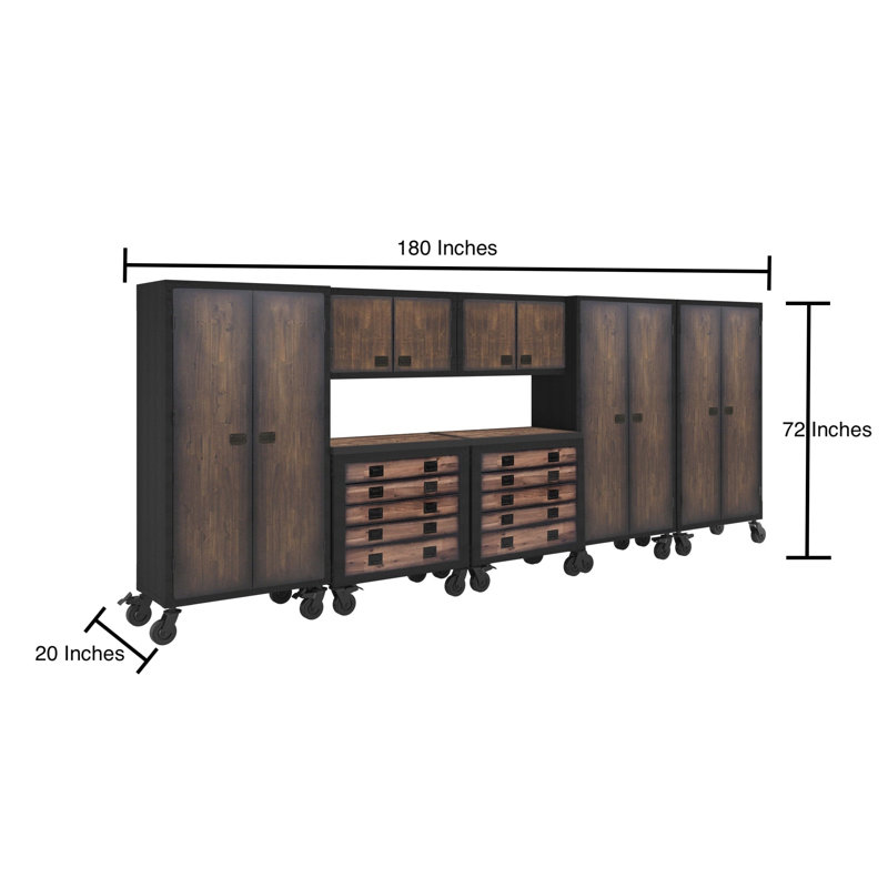 7-Piece Industrial Garage Storage Set with 2 Tool Chests, 2 Wall Cabinets & 3 Freestanding Cabinets