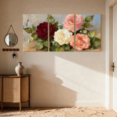 Ensemble de 3 impressions sur toile roses roses et feuilles avec marguerites