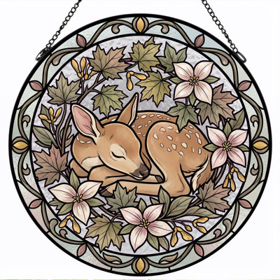 Sleeping Fawn Stained Glass Window Panel，12"H