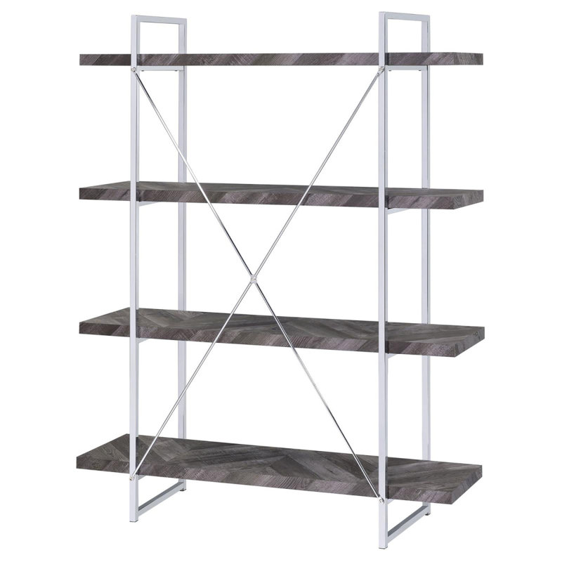 Bibliothèque élégante et fonctionnelle à chevrons avec de nombreuses tablettes pour la présentation et le rangement