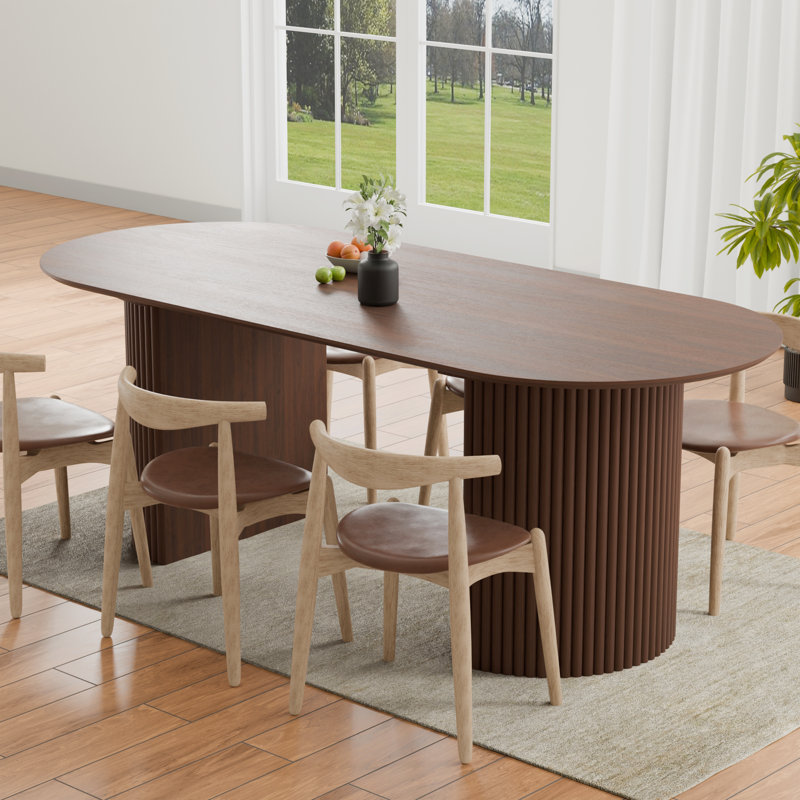 Table de salle à manger 79 "ovale en bois d'ingénierie avec pieds incurvés pour 8 personnes, Brun