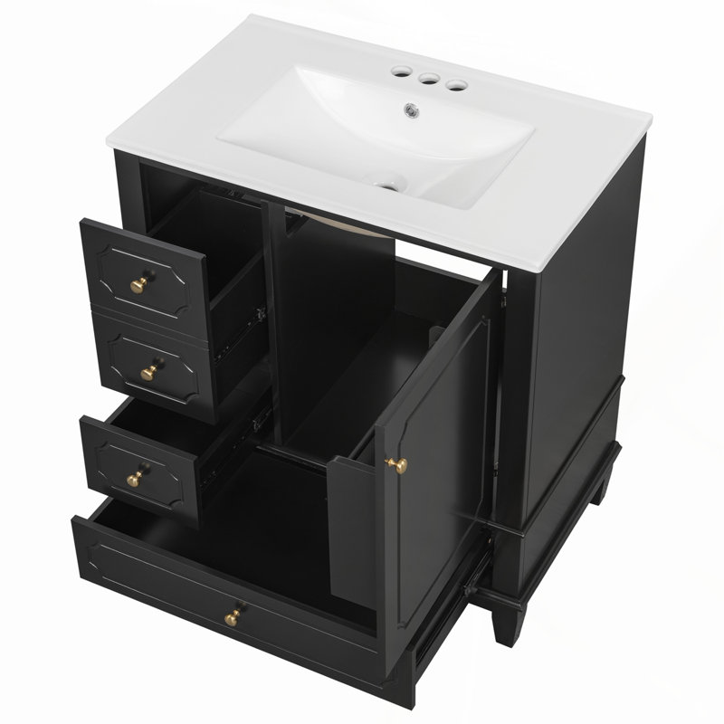 30 Inch Freestanding Bathroom Vanity with Ceramic Sink, Solid Wood Frame, Soft-Close Doors, and Multiple Storage Options
