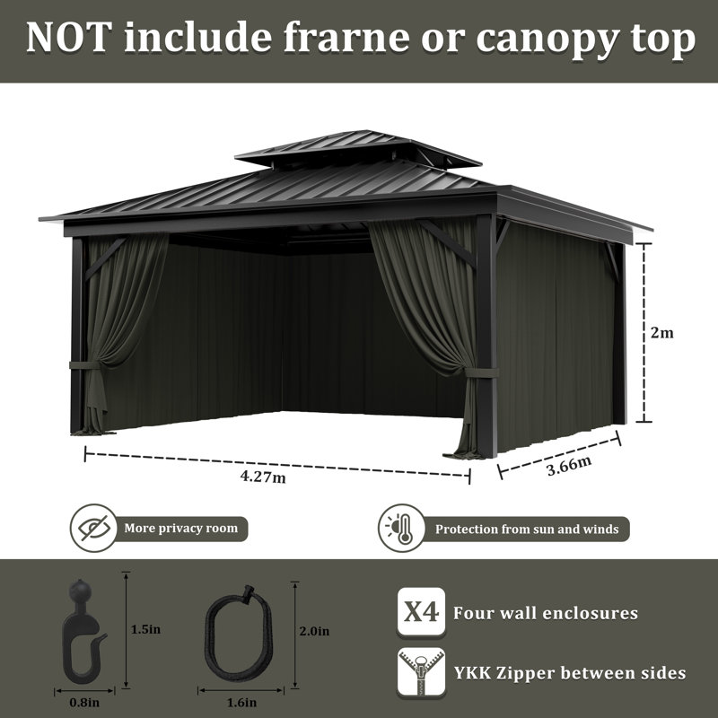 Rideaux à 4 panneaux latéraux pour pavillon de jardin, seulement rideaux, H 78,74 po x l 168 po x P 144 po, Gris