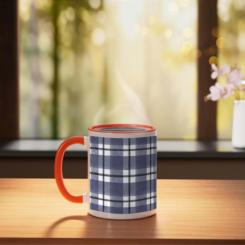 Blue Gingham Check Ceramic Mug, Red/White, 11oz, Orange