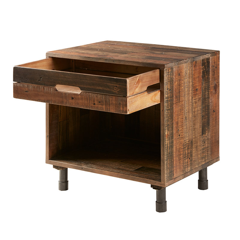 Table de chevet moderne - Finition en bois de pin, pieds en métal, option de rangement dans la chambre à coucher supplémentaire