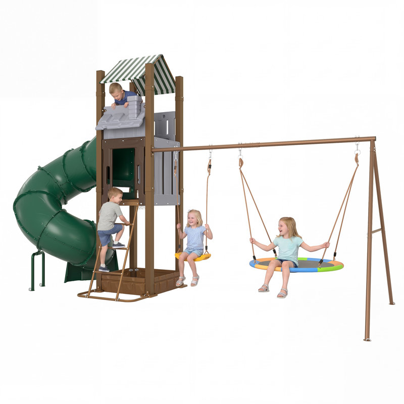 Ensemble de jeu multifonctionnel pour enfants 3-10, en acier galvanisé robuste avec glissade en tube, balançoires doubles, structure d'escalade, cerceau et bac à sable intégré