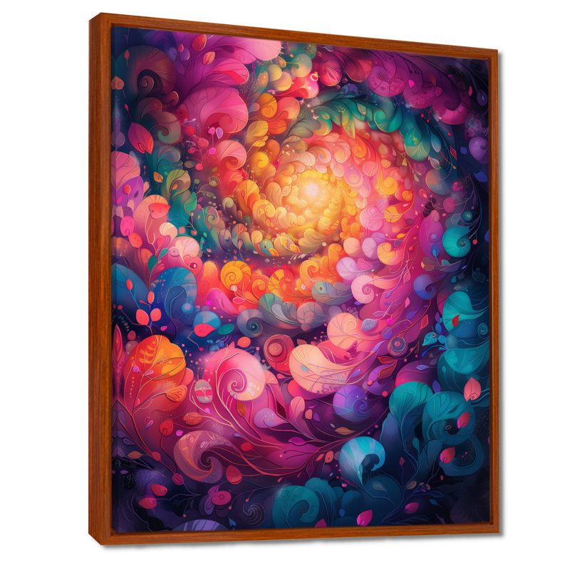 Rose et bleu abstrait mouvement tourbillon - spirales abstraites, art mural salon, Cadre flottant brun, bois massif