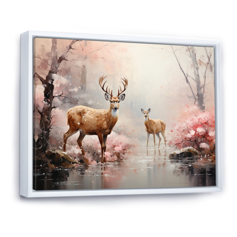«Pink Deer Gentle Wilderness I», reproduction d'art sur toile, H 30 po x l 40 po x P 1,5 po, Cadre flottant blanc