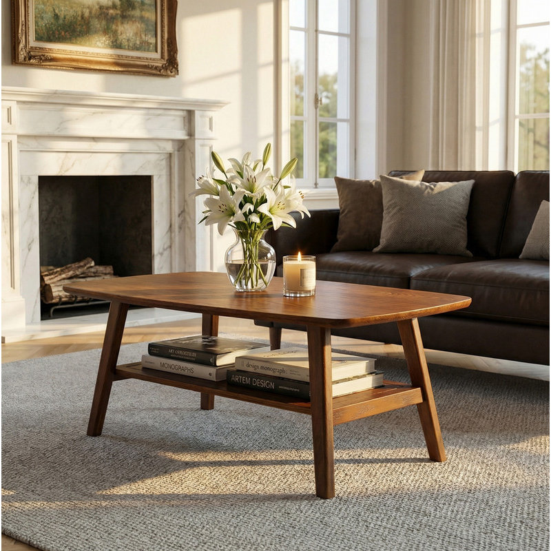 39.37" Mid Century Modern Solid Oak Coffee Table, Walnut Finish 2-Tier Design with Storage Shelf & Rounded Corners, Durable Living Room Table for Office & Apartment