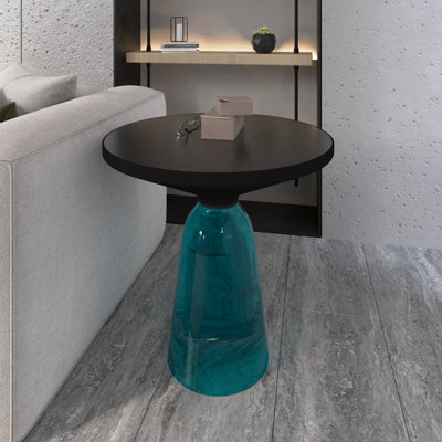19" Round Side End Table Glass/Sintered Stone Top With Powder-Coated Black Rim And Tempered Glass Base by LeisureMod