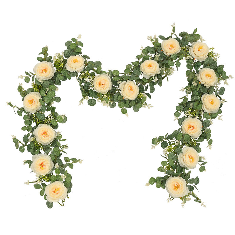 2 guirlandes d'eucalyptus artificiel 13 pi avec fleurs, Champagne camélias