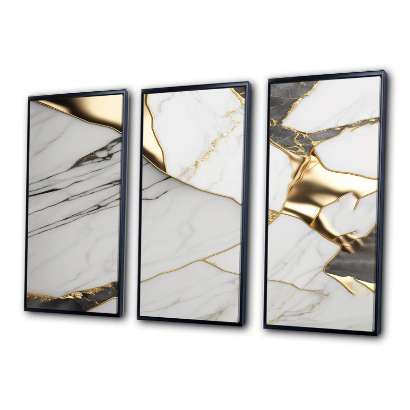 «Abstract Geode Marble White and Gold I», reproduction sur toile 3 pièces, Cadre flottant noir, H 28 po x l 36 po x P 1 po