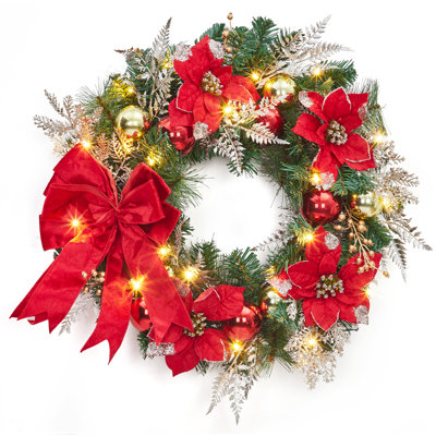 24 in Christmas Wreath with Lights and Red Gold Balls & Bow for Fireplace Window Indoor Holiday Decor