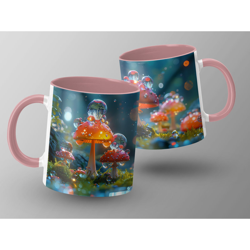 Set of 2 3D Design 11oz Accent Mugs – Ceramic Coffee Cups with a Pink Handle and Interior