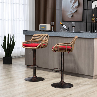 Tabourets de bar modernes rouges de 2, hauteur réglable avec repose-pieds, pour la cuisine et la salle à manger, base en métal robuste, capacité de charge de 250 lb, repose-pieds et fabrication rembourrés en lin, coussin de chaise rembourré