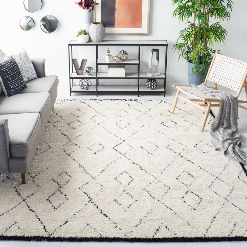 Tapis ivoire en laine touffeté à la main à motif géométrique Simoneaux, Rectangle 4 pi x 6 pi