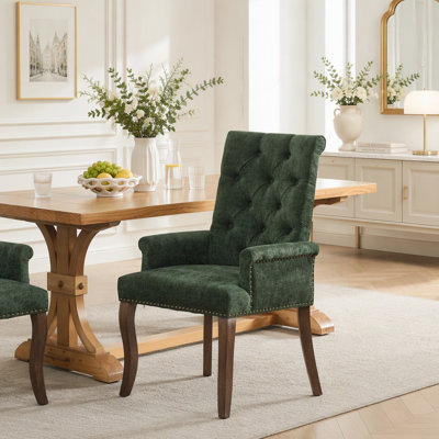 Chaise de salle à manger rembourrée en tissu de chenille, pieds courbés en bois massif, élégante chaise capitonnée de salle à manger avec accoudoirs, paquet simple, vert olive