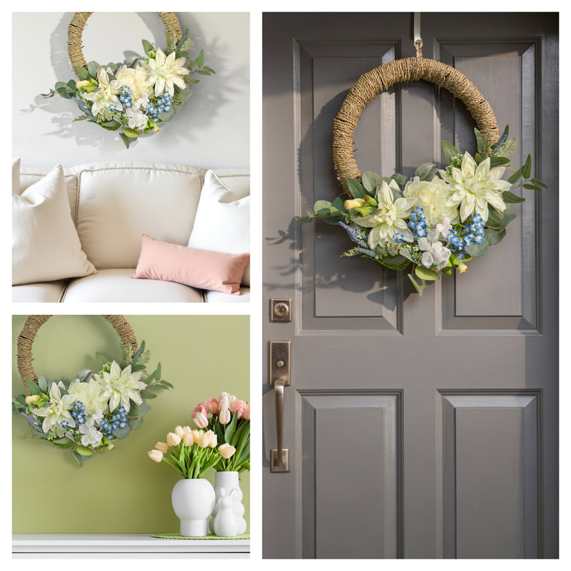 Couronne de printemps artificielle de 20 pouces avec dahlia, pivoine et hortensia, décoration florale réaliste pour la porte d'entrée ou la décoration intérieure