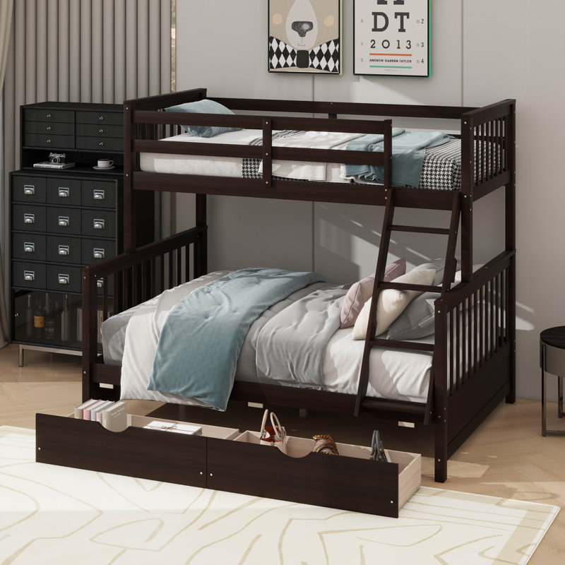 Lit simple superposé au dessus d'un lit double avec tiroirs Janete Kids, Espresso