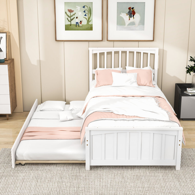 Lit plateforme simple en bois avec lit gigogne simple, Blanc