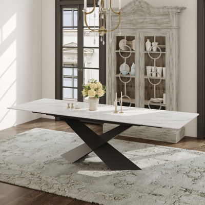 63''-94'' Expandable Dining Table for 6-8, White Sintered Stone Kitchen Table with Black Stainless Steel Base