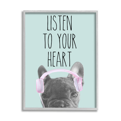 57_Listen To Your Heart, écouteurs, art bouledogue français sur toile tendue par SD graphiques studio