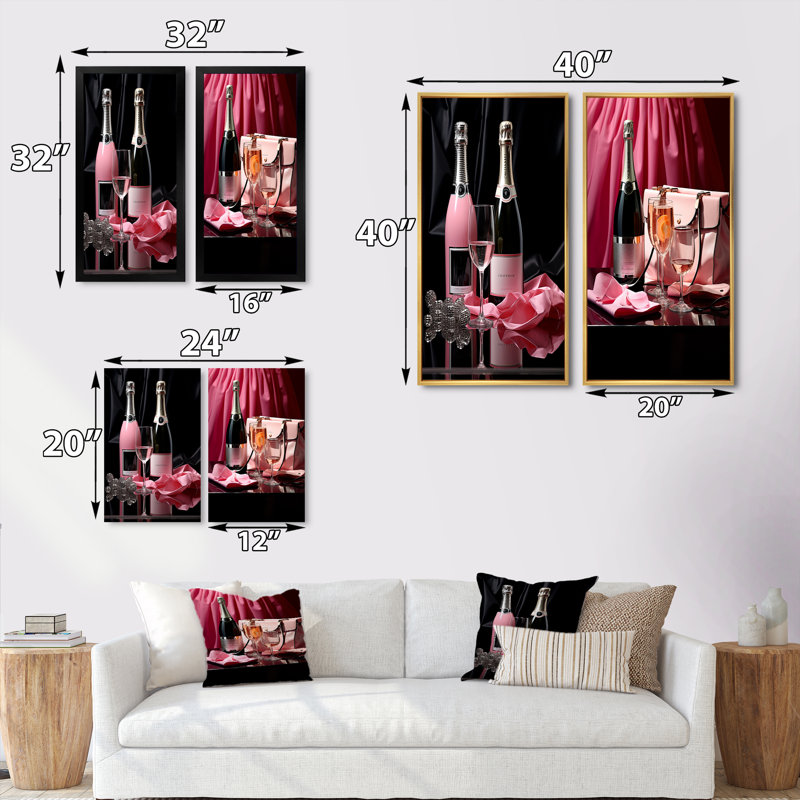 Sac de mode rose et champagne «Sac de mode rose et champagne» 2 pièces, Encadrement doré, H 32 po x l 32 po