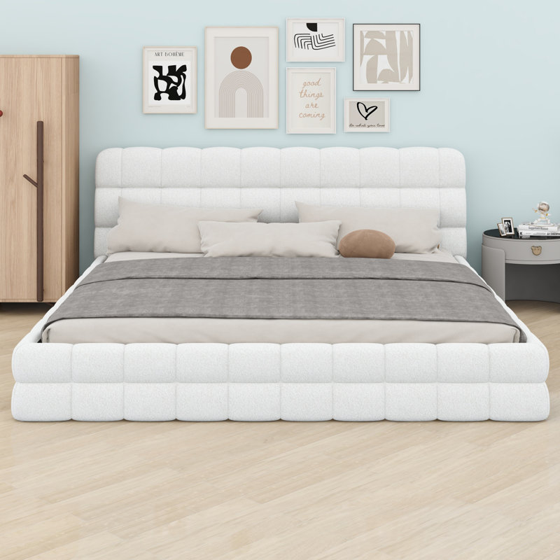 Modern Platform Bed with Upholstered Design, White