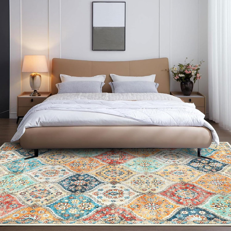 Washable Boho Medallion Area Rug, Vintage Distressed, Orange, Rectangle 8' x 10'