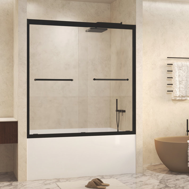 56-60" x 60" Tempered Glass with Explosion Proof Film, Aluminum Frame Double Sliding Shower Door, "1/4 (6 mm), Stainless Steel handle