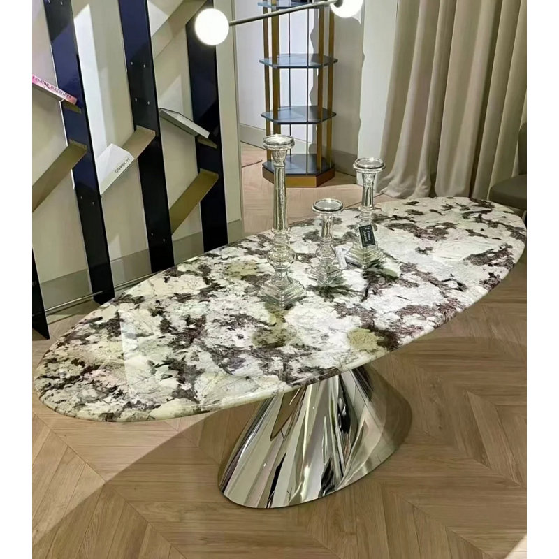 Table de salle à manger de luxe en cristal ultra avec base en acier inoxydable - Conception ovale moderne pour les maisons contemporaines