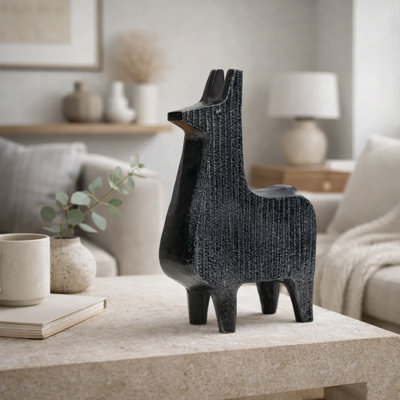 Black Ribbed Llama Sculpture – Contemporary Aluminum Table Décor Animal Figurine, 4" x 6.8"