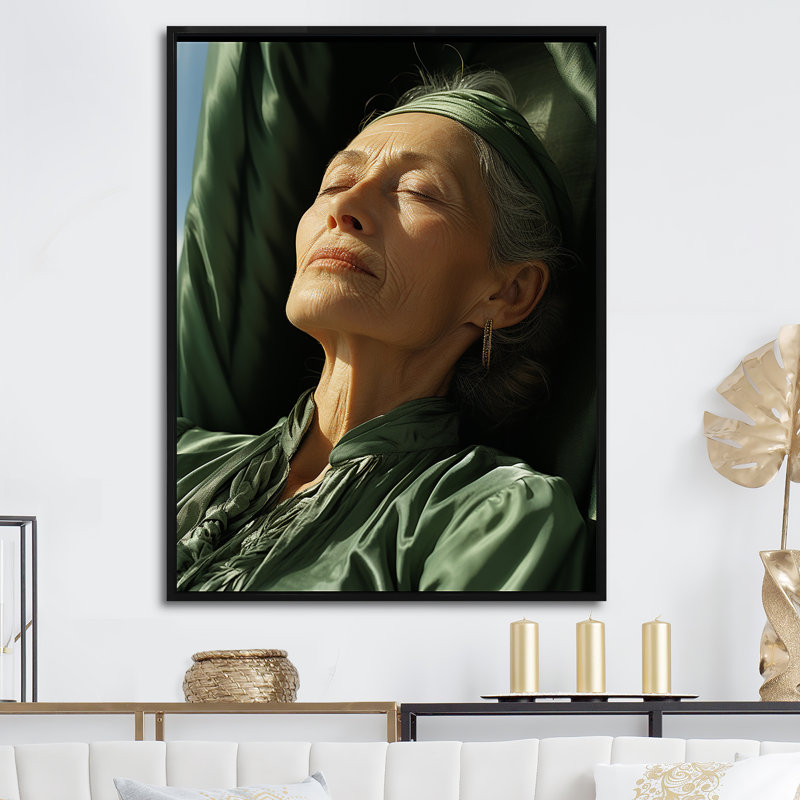 «Peaceful Sage Woman Elegance» - imprimé, Cadre flottant noir, 44" H x 34" W