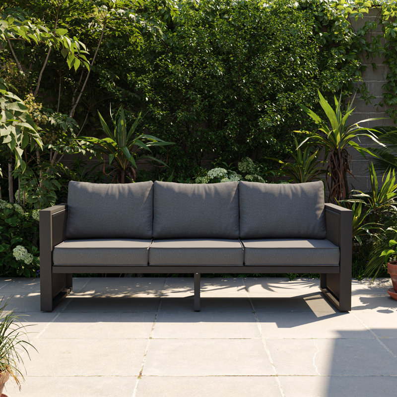 Aluminum 3-Seater Sofa With Cushions, Featuring Decorative Pull Cord Detailing, Gray Cushion/Black Frame