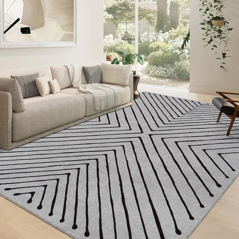 Geometric Machine Washable Rug Abstract Non Slip Living Room Rug Low Pile Thin Rug, Contemporary Neutral Rug, Non Shedding Soft Rug for Bedroom