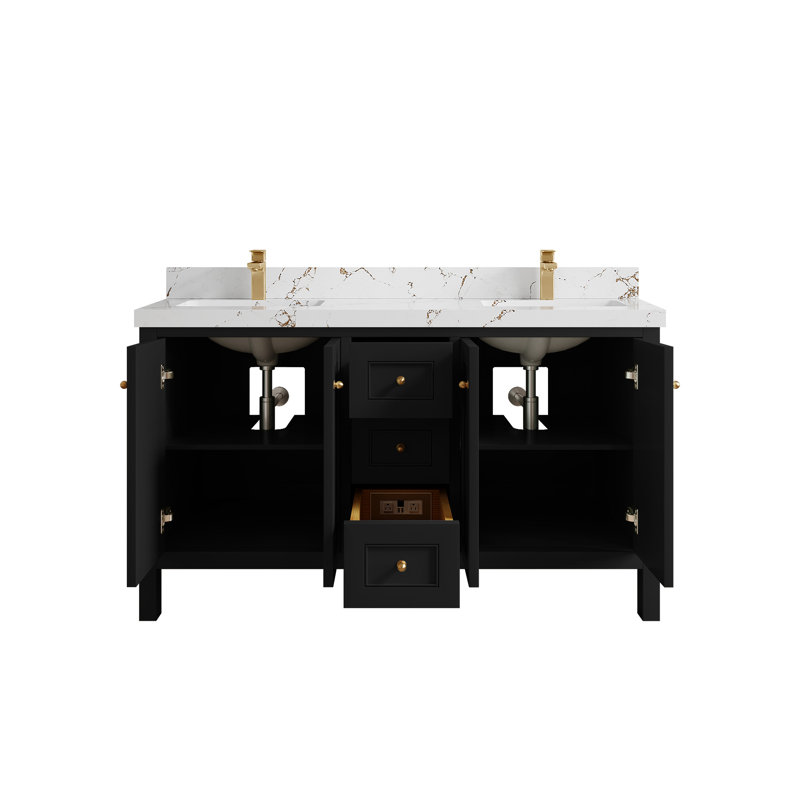 Nashville X P 22 po D Meuble-lavabo double avec 2 po Quartz, Noir, Brun Viola
